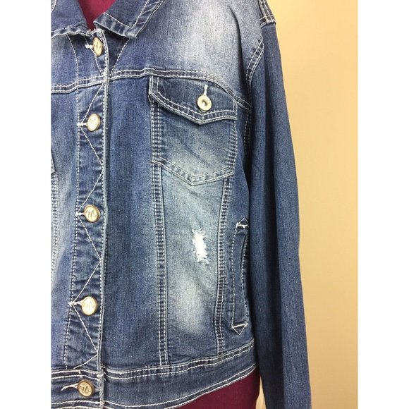 $50 Maurices Women's Blue Denim Distressed Jean Jacket Size 2 - Picture 3 of 10